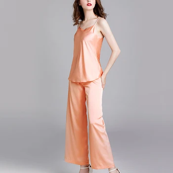

2 Piece spring Women Sleepwear Faux Silk Satin Pajamas Set Sleeveless Sleepwear pyjamas women Suit Female Homewear pijama mujer
