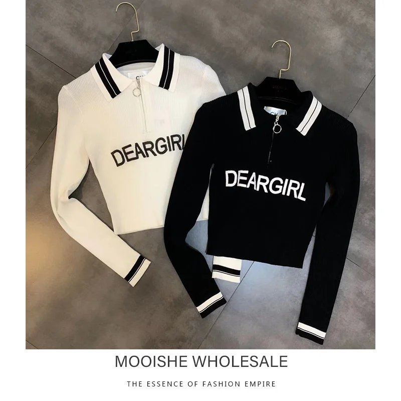 

2019 Autumn New Lapel Long Sleeve Color Matching English Alphabet Short Stretch Sweater