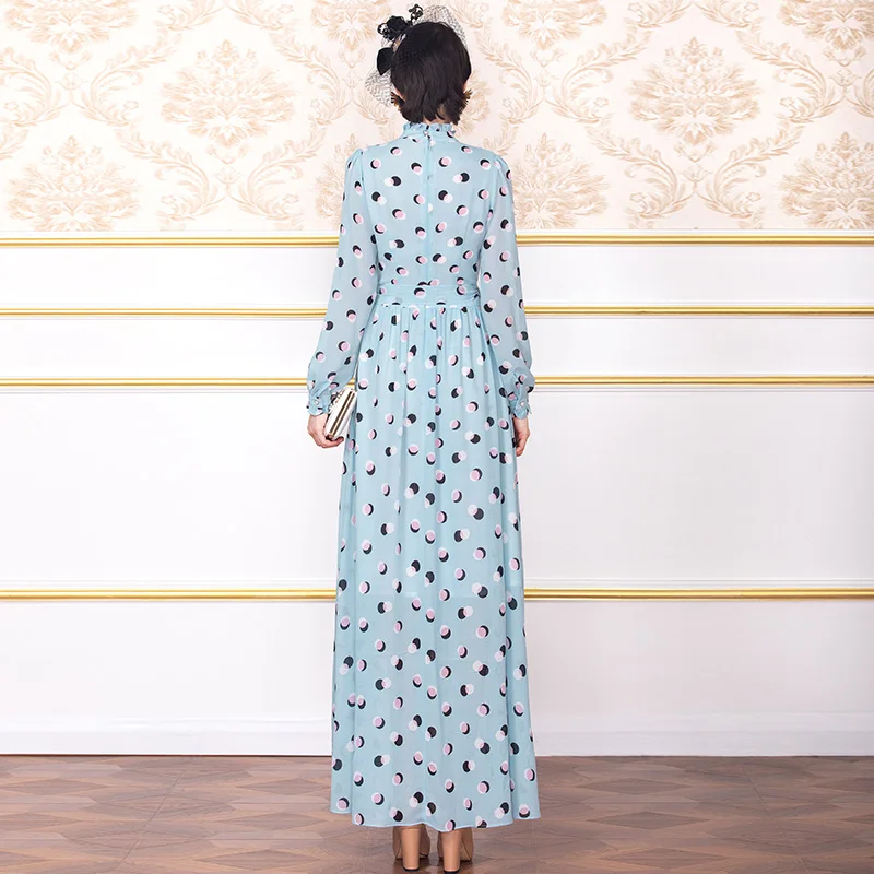 Plus Size Clothing Autumn Long Dress High Quality Women Ruffled Collar Polka Dot Print Long Sleeve Blue Maxi Dress XXXXL