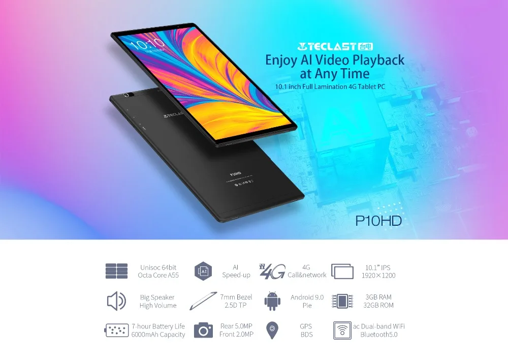 Teclast P10HD, 4G, планшеты с телефонными звонками, четыре ядра, 10,1 дюймов, ips, 1920 × 1200, 3 Гб ram, 32 ГБ rom, SC9863A, gps, Android 9,0, 6000 мАч, планшетный ПК