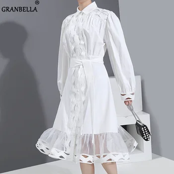 

New Design Pure Color Shirt Sexy Dress with Belt Long Sleeve Lightweight Comfortable White Dress Women Stylish Female Dresses