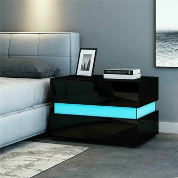 

Home Furniture Modern Frame Wood Luxury Nightstand Bedside Table LED Nightstand Beside Table High Gloss With 2 Drawer
