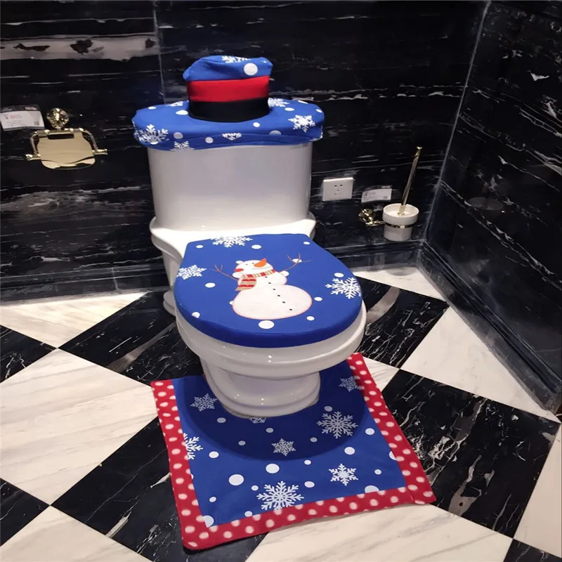 

3pcs/set Christmas Decor New Year Blue Snowman Toliet Cover Set & Rug 3 Piece Bathroom Mat Set Rugs And Tissue Box Natal Navidad