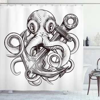 

Anchor Shower Curtain, Monochrome Octopus Tattoo Art Style Naval Sketch Mythical Kraken Beast Design, Cloth Fabric Bathroom