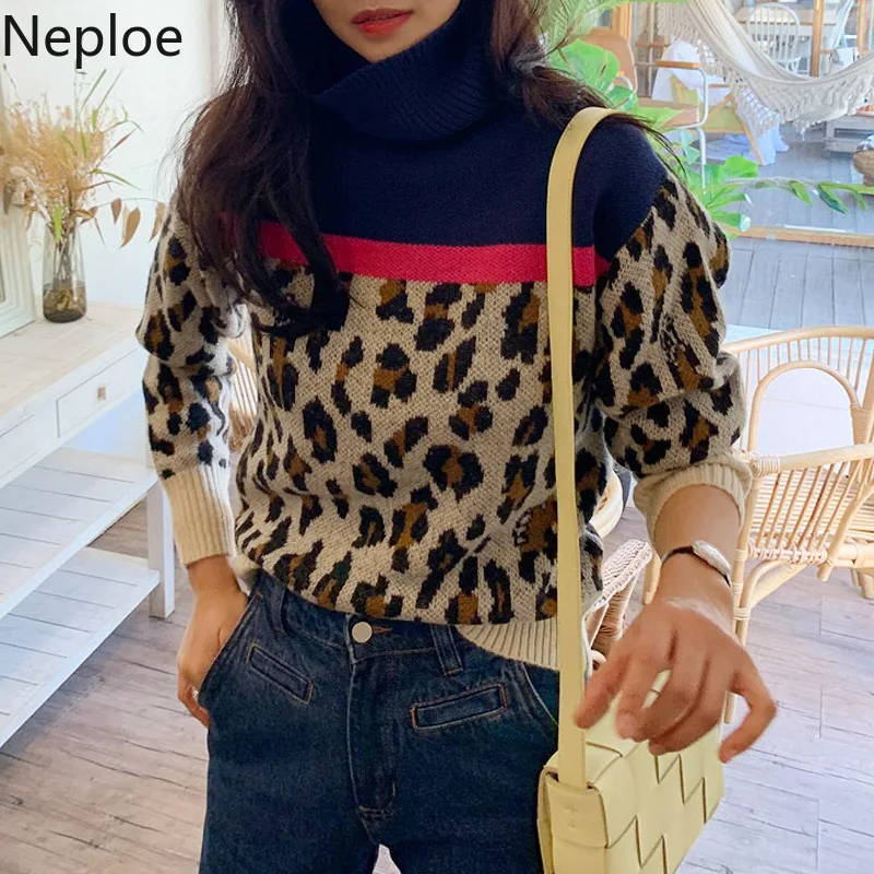 Neploe, толстый теплый свитер, пуловер, женский, контрастный цвет, пэчворк, водолазка, длинный рукав, Pull Femme, Леопардовый, Sueter, осень 48008