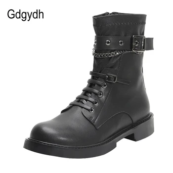 

Gdgydh Patent Leather Women Boots Lady Ankle Boots Lace Up Female Shoes Gothic Style Punk Buckle Chain Women Riding Boots Black
