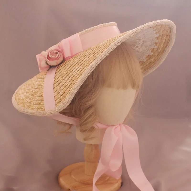 Elegant Lolita Wheat straw Flat Top Hat 