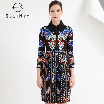 

SEQINYY Vintage Dress 2020 Spring Autumn New Fashion Design 3/4 Sleeve Women Flowers Printed Pleated Dress Mini