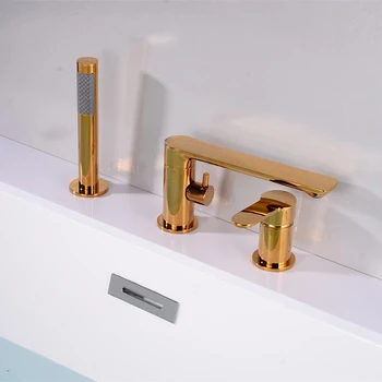 Luxury Brass Gold Deck-ติดตั้ง 3 หลุมห้องน้ำอ่างอาบน้ำหมุนก๊อกน้ำก๊อกน้ำอ่างอาบน้ำอ่างล้างหน้าน้ำด้วยสเปรย์BF1034 2