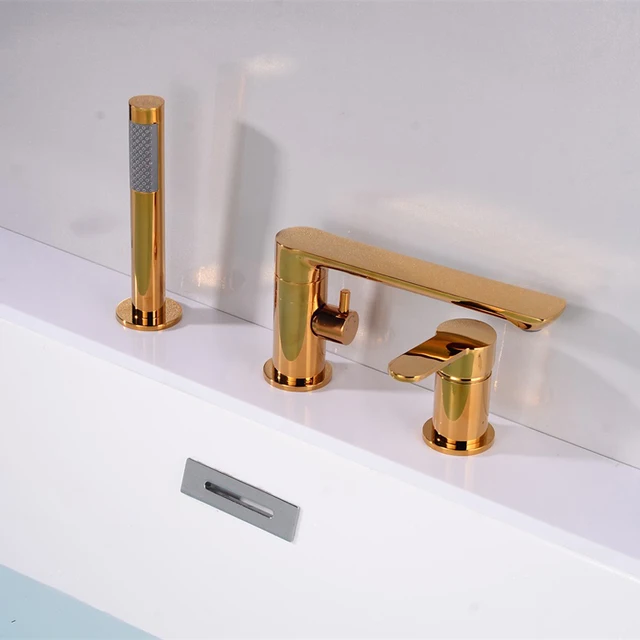 Luxury Brass Gold Deck-ติดตั้ง 3 หลุมห้องน้ำอ่างอาบน้ำหมุนก๊อกน้ำก๊อกน้ำอ่างอาบน้ำอ่างล้างหน้าน้ำด้วยสเปรย์BF1034 2
