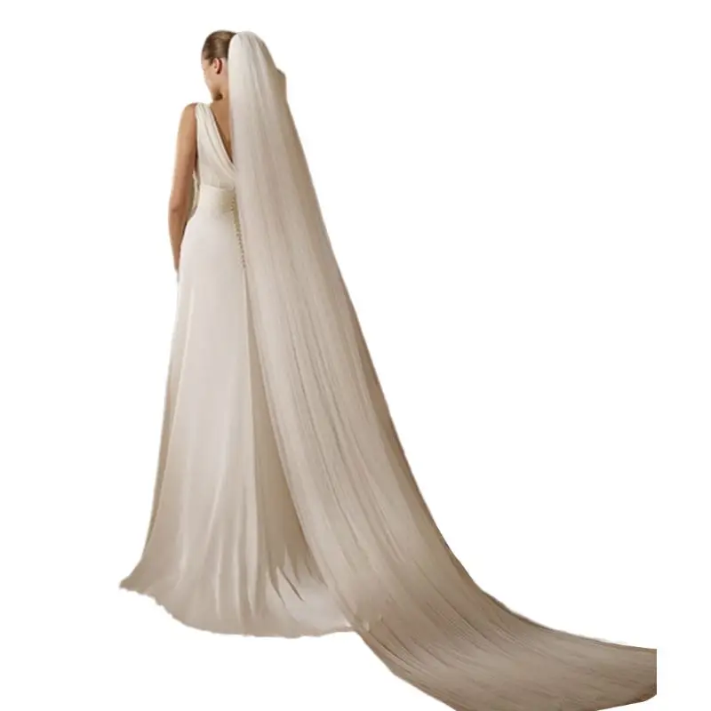 1/2/3 Tiers 3M Womens Cathedral Length Wedding Veil Minimalist Simple Solid Color Tulle Trailing Bridal Veil With Plastic Comb
