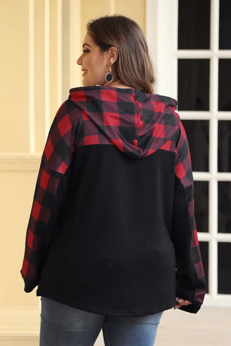 Hoodie Women's New Style Autumn And Winter Hooded Pullover Europe And America Plaid Contrast Color Joint Loose-Fit Plus-sized To