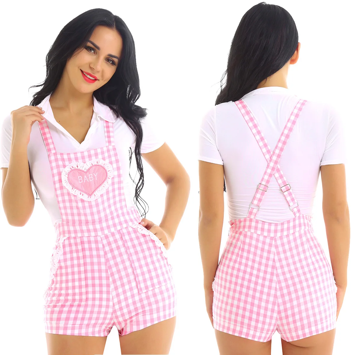 Womens School Girl Bodysuit Cute Adjustable Shoulder Straps Criss-cross Back Gingham Print Babydoll Short Overalls Shortalls sexy bodysuit