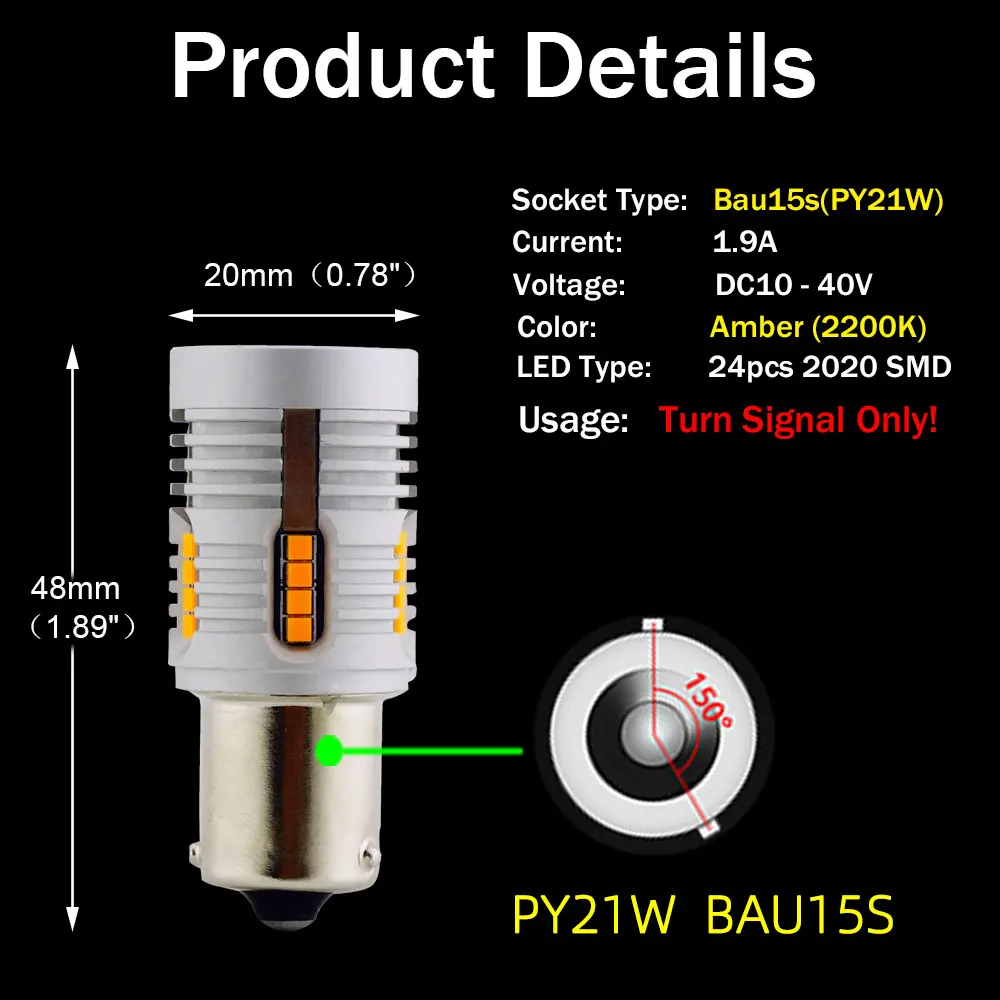 VANSSI BAU15S светодиодный Нет Hyper флэш Янтарный Желтый 24-SMD светодиодный 7507 PY21W светодиодный лампы для указатели поворота, Canbus Error Free