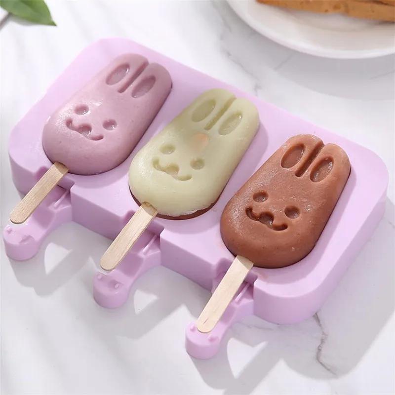 1pc 3-cavity Rabbit Ice Cream Mold (with 50 Sticks), Popsicle Molds With  Lid And Freezing Box, Ice Lolly Maker