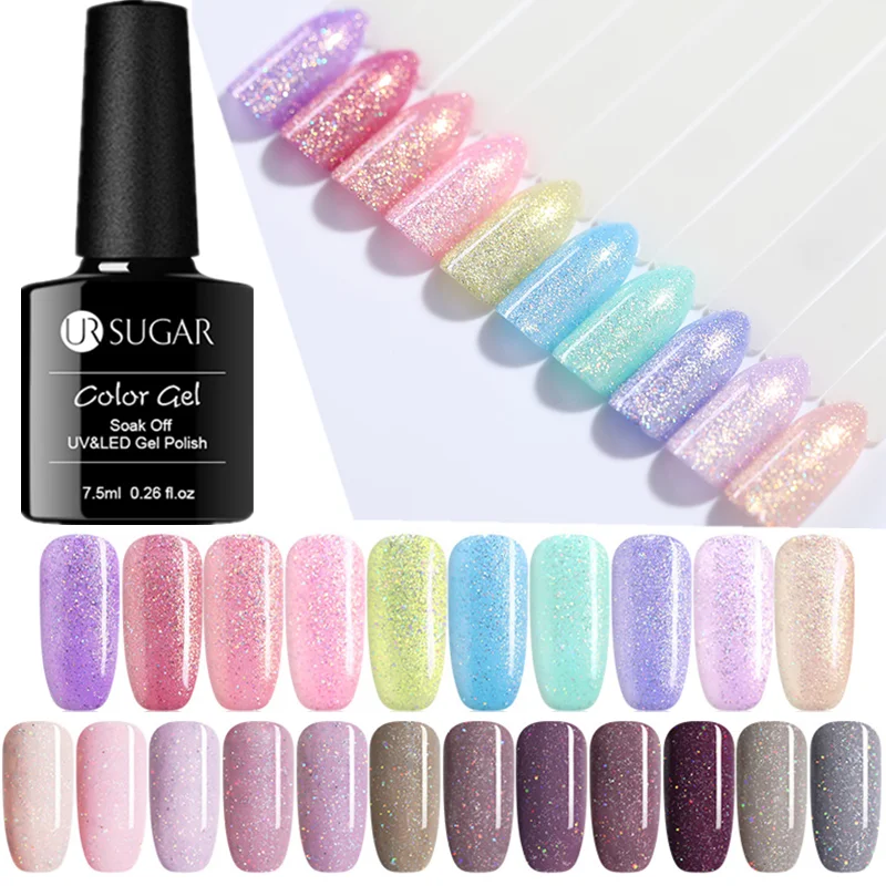  UR SUGAR 7.5ml Holographic Glitter Nail Gel Polish Laser Pink Purple Pearl Shell Semi Permanent Soa