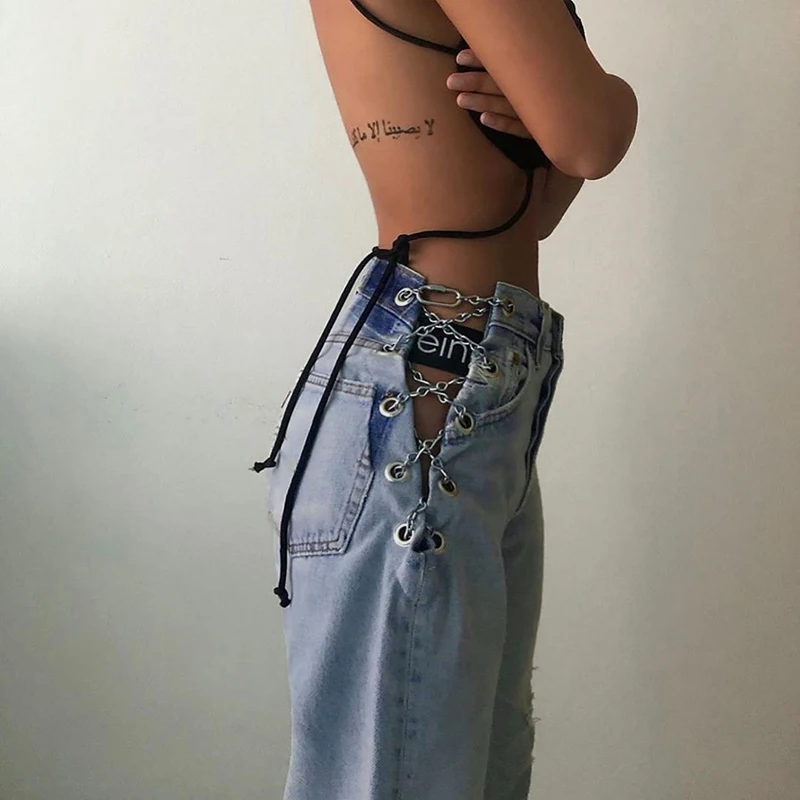 Jeans moda donna YICIYA 2021 jeans a catena jean femme pantaloni a vita  alta Sexy elegante catena a croce Jean scava fuori gamba larga - AliExpress  Women's Clothing