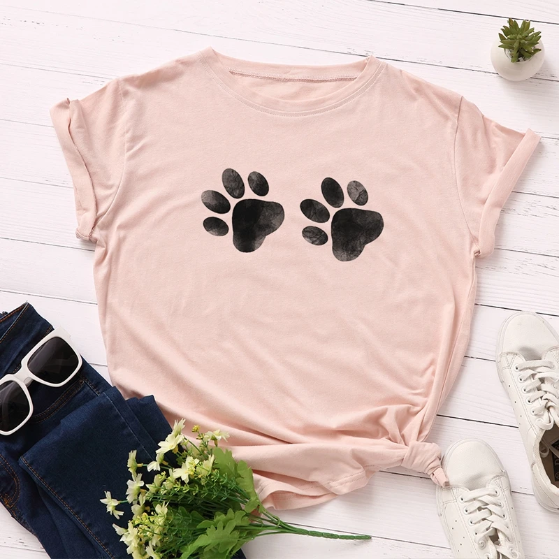 Women Cotton Plus Size T-shirt Graphic Tee Summer Tops Short Sleeve Top Tees Funny Cute Dog Paw Print T Shirts Female Shirt - Цвет: Розовый