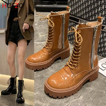 

HQFZO Cross-Tied Women Mid-calf Boots Platform Botas Zip Female Comfortable Shoes Chunky Heel Autumn Brand Designer Riding Boots