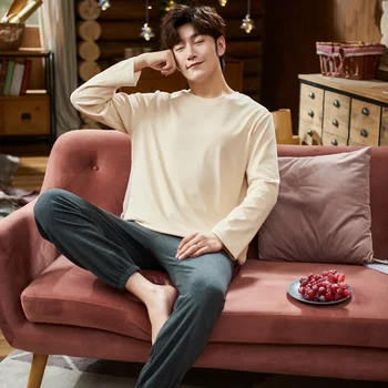 

Pajama Sets Men Printed Casual Korean Style O-Neck Homewear Loose Teens Sleepwear Pajamas Elastic Waist Trendy Simple Soft Chic