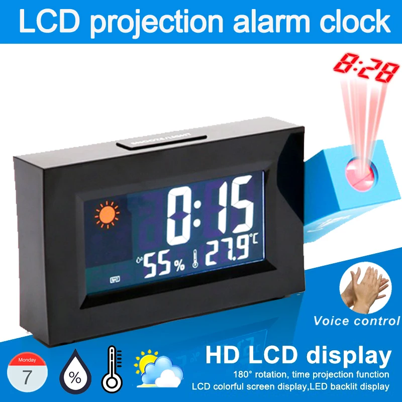 

LED Digital Alarm Clock Electronic HD LCD Color Display 180° Rotatable Projection Clocks With LED Backlight Snooze Thermomete