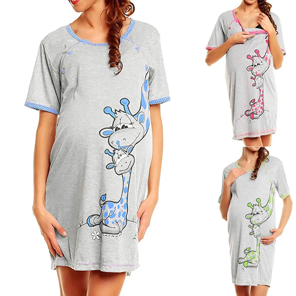 

Ladies Maternity Dress Solid Cartoon Giraffe Print Dresses Short Sleeve Nursing Pajamas Summer Dresses For Women