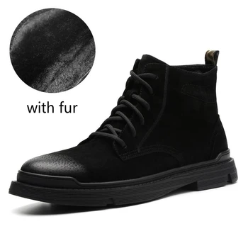 

British style men fashion warm fur snow boots black genuine leather winter shoes lace-up cotton shoe platform ankle boot zapatos