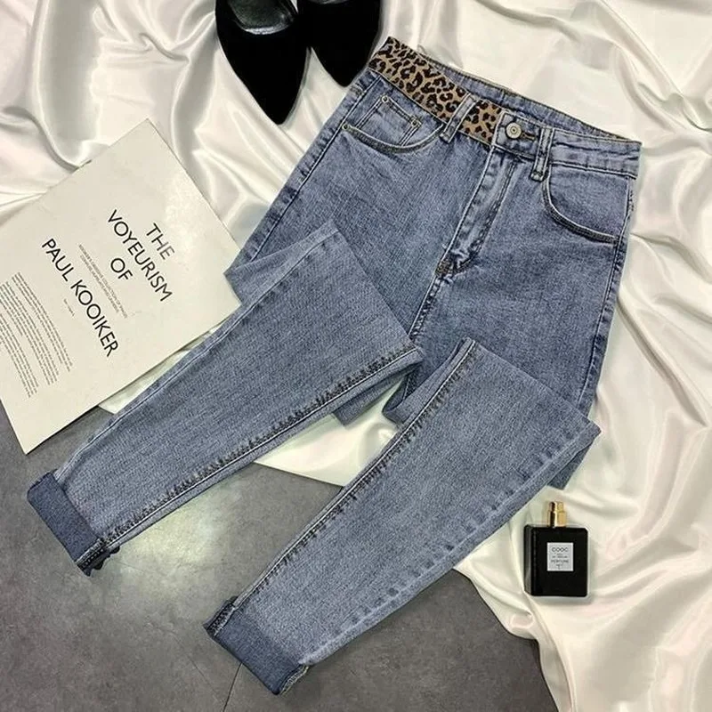 

Ladies Jeans, Mom Jeans, Leopard Print, Twill, Smoky Gray Jeans, Women's High Waist, Slim, Nine-point Tight-fitting Pants