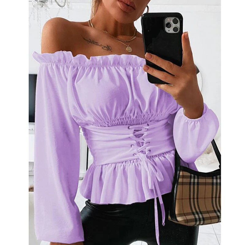

Sexy Off Shoulder Blouse Solid Color Lantern Long Sleeve Ruffle Women Shirts Slim Self-tie Waist Autumn Tops AM2153