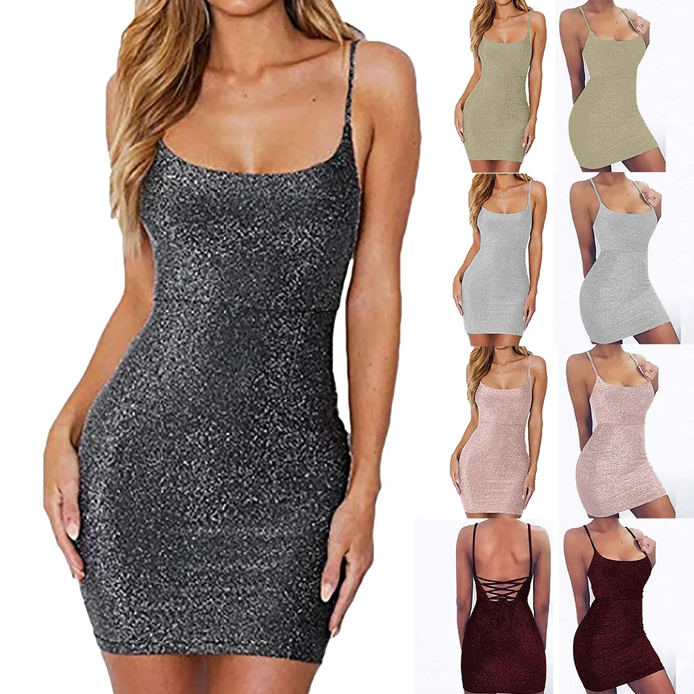 Модное женское короткое платье с блестящим ремешком Клубное блестками