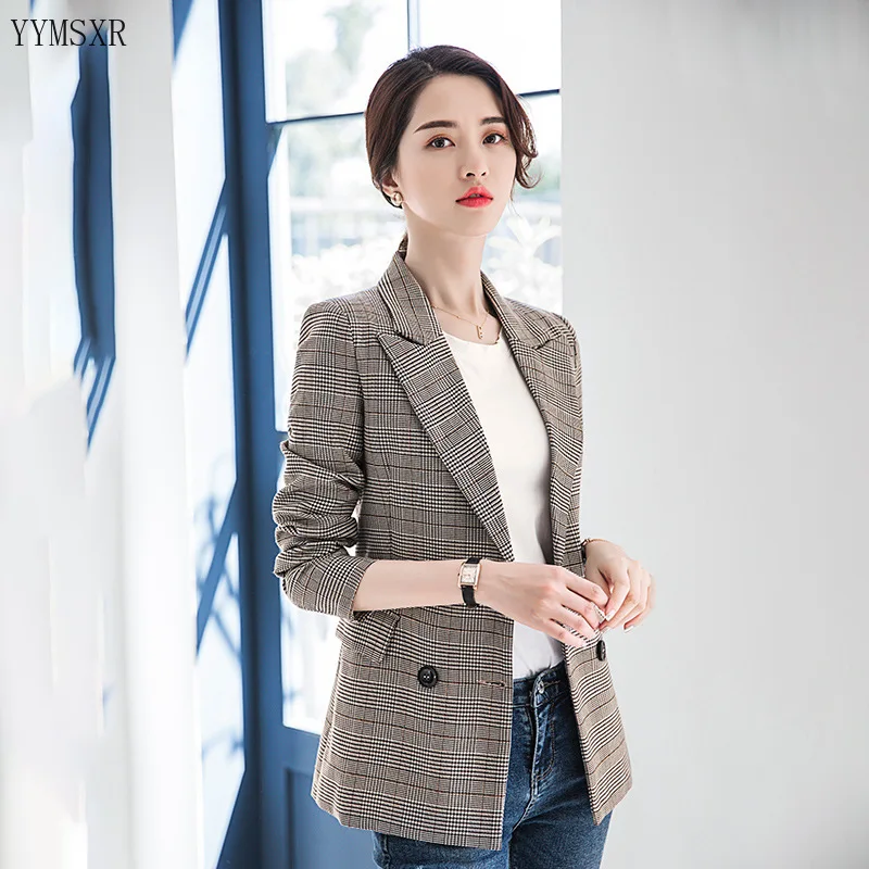 Cheap Professional blazer Women's Slim High-Quality Double-Breasted Jacket Feminine Female Checked small suit 2020 new