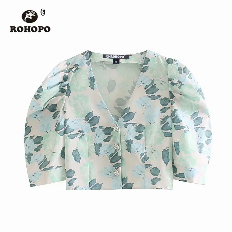 

ROHOPO Puff Sleeve Floral Crop Blouse Buttons Fly Autumn Ladies Chic Short Top Shirt #9261
