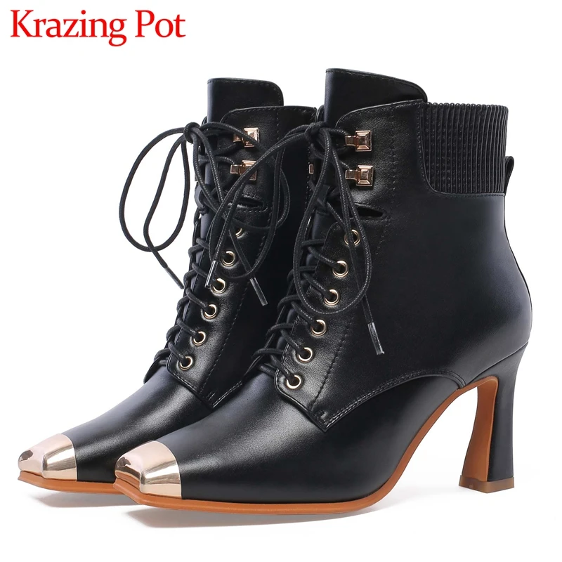 

Krazing Pot mixed colors metal square toe genuine leather lace up rivets Zip round toe winter keep warm women ankle boots L7f5