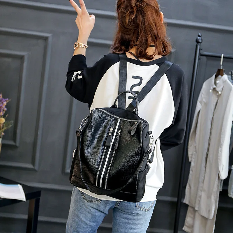 

New Style College Style Pu Casual Dual Purpose Tote Bag Light Nylon-Backpack Japan Solid Color Shoulder Bag