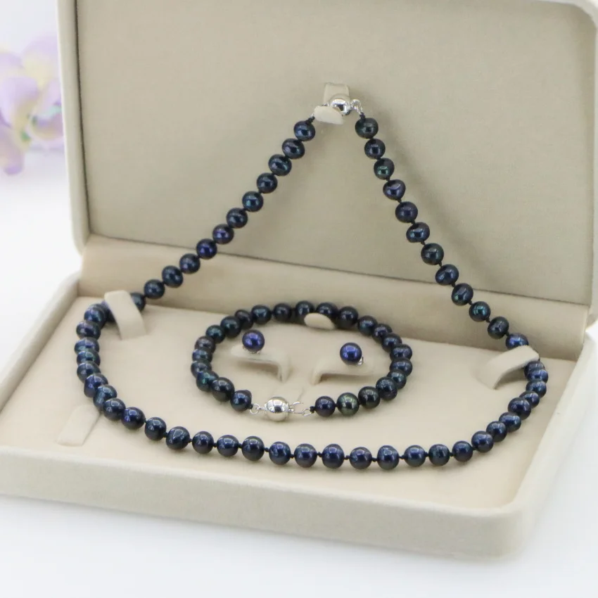 New Fashion Girl 6-7MM White real natural Pearl Necklace Bracelet Earring Wedding Jewelry Set Beads for Jewelry Making Woman Gif