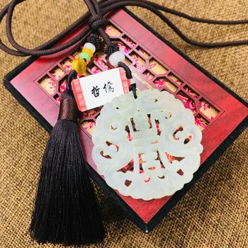 

New natural stone carving light green hollow good luck Fushou pendant with three color beads necklace men and women sweater chai