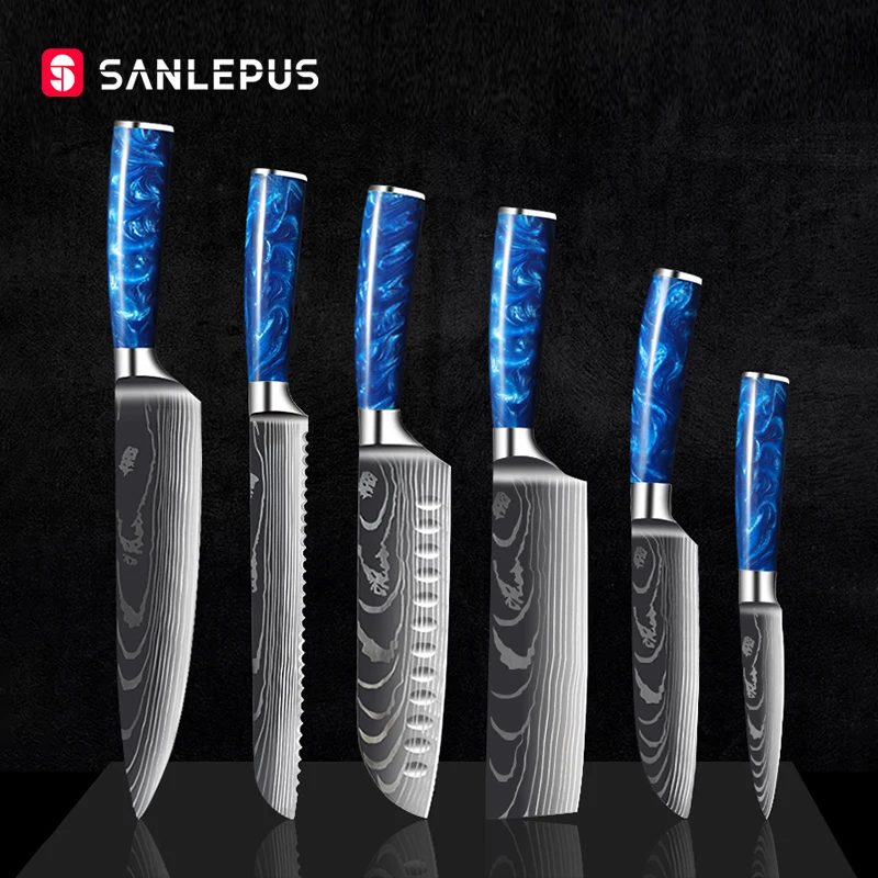 SANLEPUS 6PCS Chef Knife Set Japanese Stainless Steel Sanding Laser Pattern Kitchen Knives Professional Sharp Blade Cooking Tool | Дом и сад