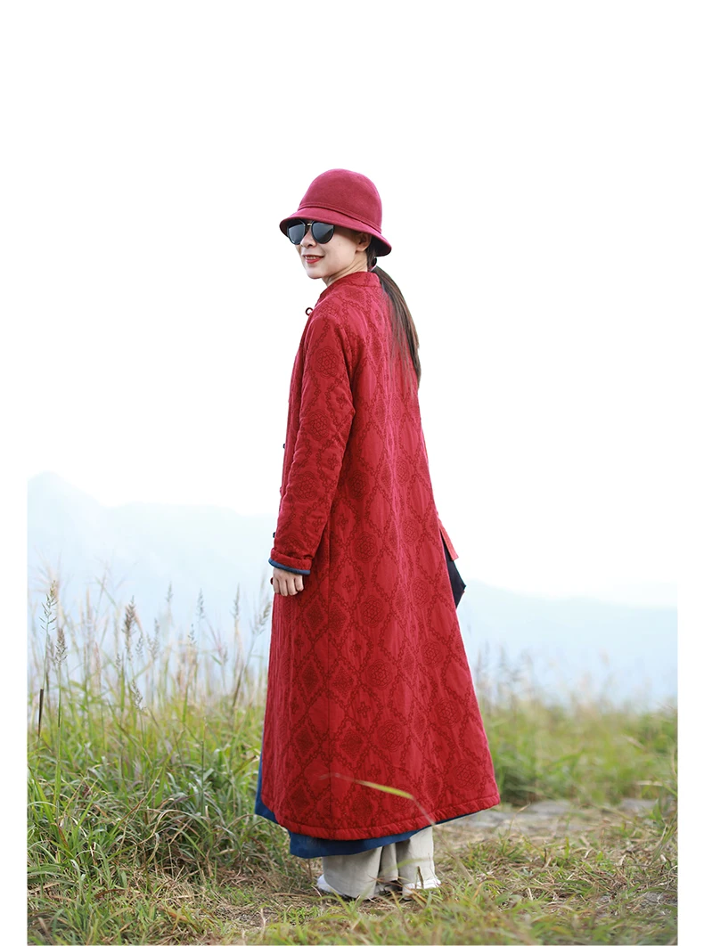 LZJN 2019 Winter Jacket Women Stand Collar Quilted Overcoat Long Chinese Parka Jacquard Autumn Coat Pocket Winterjas  (28)