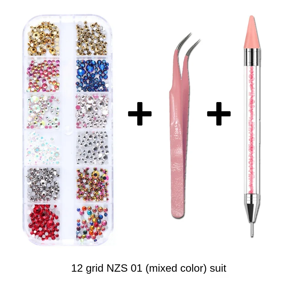1Box Multi Size Glass Nail Rhinestones Mixed Colors Flat-back AB Crystal With tools 3D Charm Gems  Manicure Nail Art Decorations