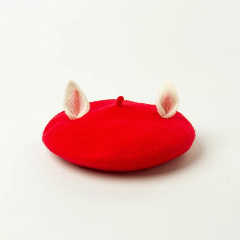 01910-HH0180 Зимняя шерстяная Милая шапка с лисьими ушками для мамы, дочки и сына, детский берет, женская шапка для отдыха - Цвет: Красный