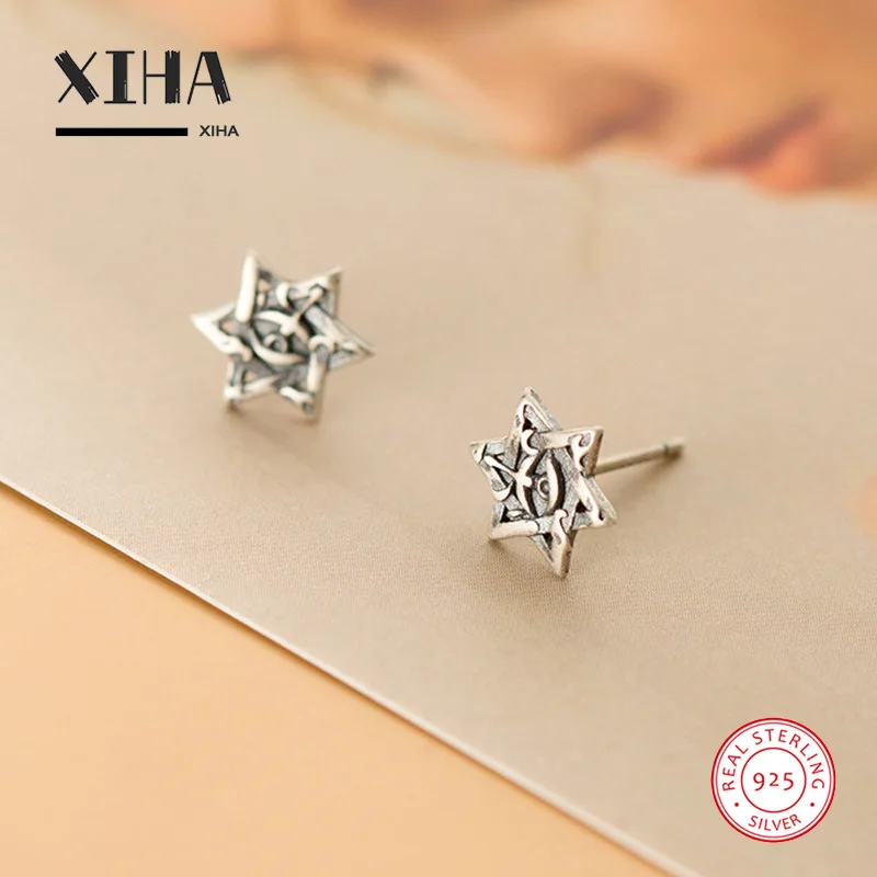 

Vintage Black 925 Sterling Silver Stud Earrings for Women Men Boy Small Tiny Asymmetric David Star Earring for Kids Girls Teens