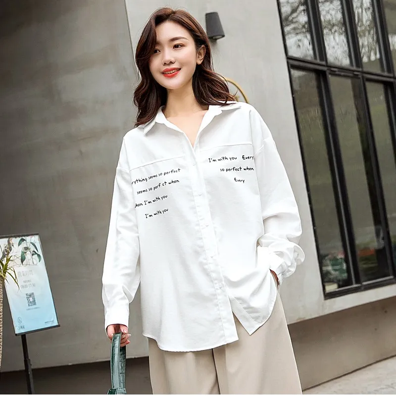 Simple Casual Lapel Shirt Women Letter Print Loose Blouse Spring Autumn Long Sleeve White Shirts 2020 New