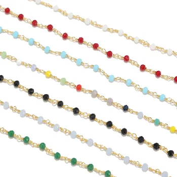 

1 Meter 18k Gold Plated Glass Faceted Beaded Brass Chain 4mm Beads Wire Wrapped Rosary Golden for DIY Jewelry