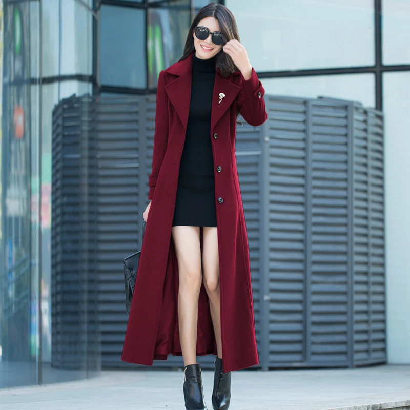 wine red Ретро однобортный шерстяной жакет выше колена женская зимняя Толстая норковая кашемировая тонкая теплая шерстяная куртка с поясом F394 - Color: wine red