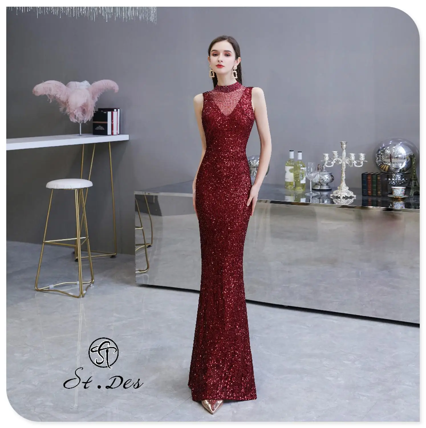 

S.T.DES Evening Dress 2020 New Arrival colorful Beading Mermaid V-Neck wine Sleeveless Floor Length Party Dress Dinner Gowns