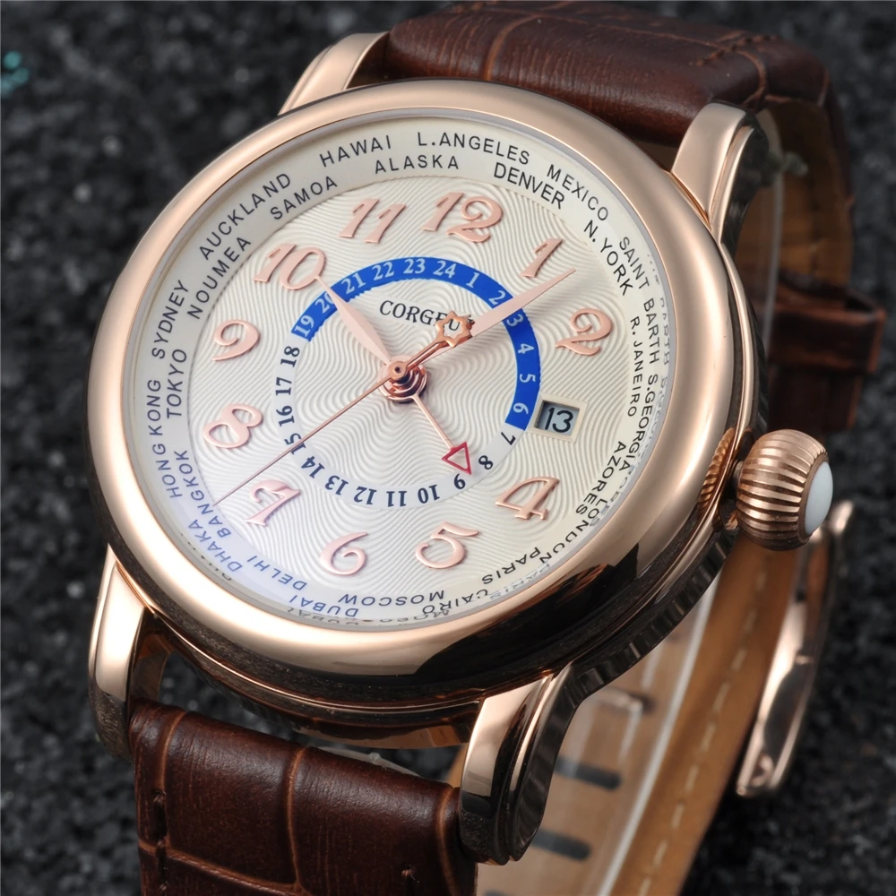 43mmCorgeut man Marchio di Lusso Orologio Meccanico Пелле di Moda Топ Doppio fuso orio GMT автоматические часы мужские