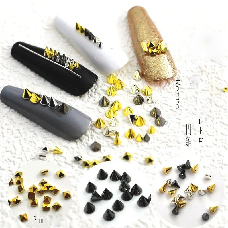 100Pcs Metal Retro Punk Taper Rivet Manicure Jewelry Round Square Pointed Cone Spikes Gold Silver Gun Black Nail Art Alloy Studs | Красота и