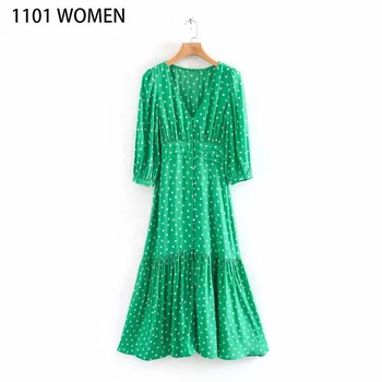 

2020 NEW spring women green dot button three quarter sleeve V-Neck mid-calf dress female vintage fashion casual clothes