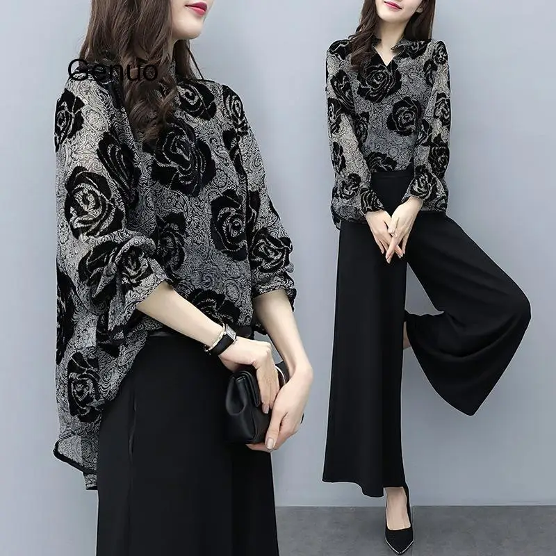 

Womens OL Summer 2 Piece Sets Floral Print Flare Sleeve Long Top + Plus Size Black Pants Suit Elegant Women Vintage Sets 2020