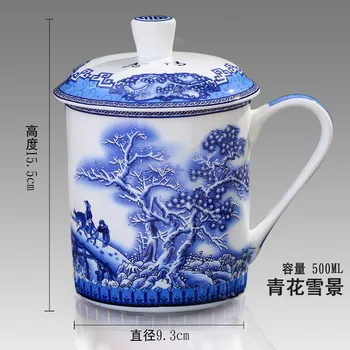 

500ml Chinese Style Bone China Jingdezhen Blue and White Porcelain Tea Cup Office Drink Cup Travel Teaware